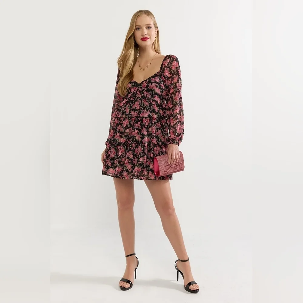 Francesca's Black Floral Dress with Pink Accents SzL New With Tag - Picture 12 of 12